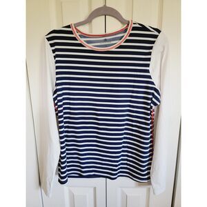 Lands End L Women's Long Sleeve Blue White Red Striped Pullover Top Size Stretch